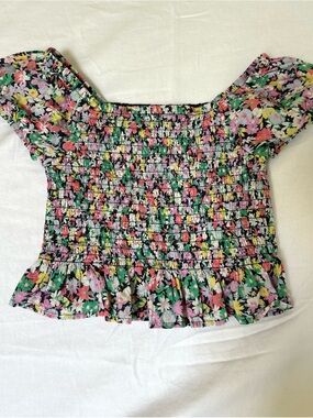GAP Kids Floral Smocked Puff Sleeve Crop Top - Pink, Green, Yellow, White